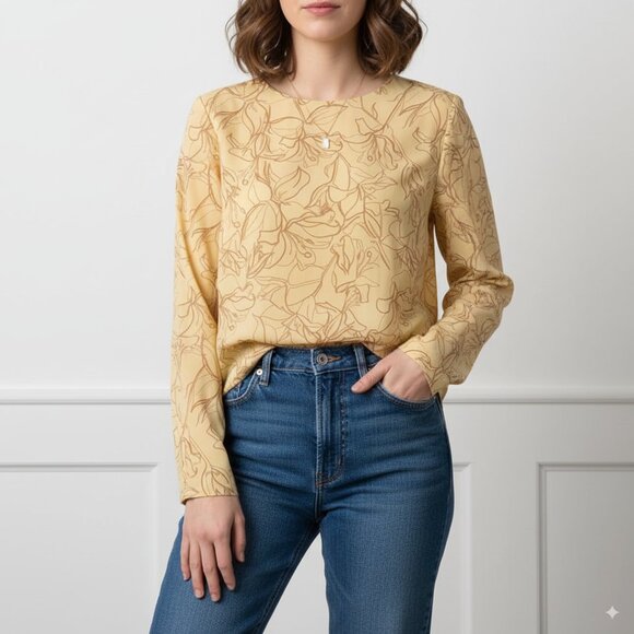 PREOWNED - Honey Punch Mustard Floral Zip Back Long Sleeve Top Size M - Picture 1 of 8